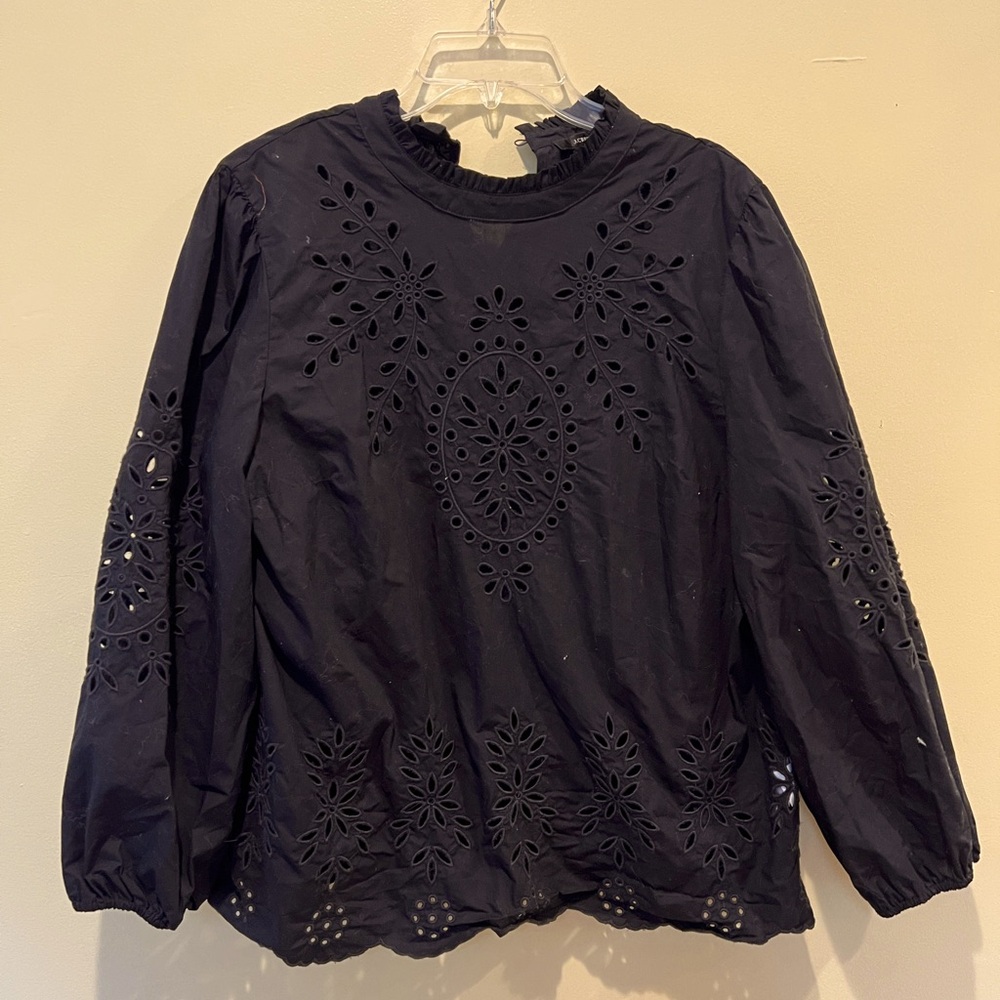 J. Crew Reimagined Cotton, 3/4 sleeves, eyelet shirt with camisole in black